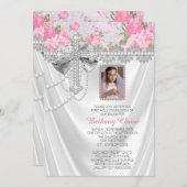 ピンクのバラの写真の最初のコミューンホワイトサテン 招待状 (正面/裏面)