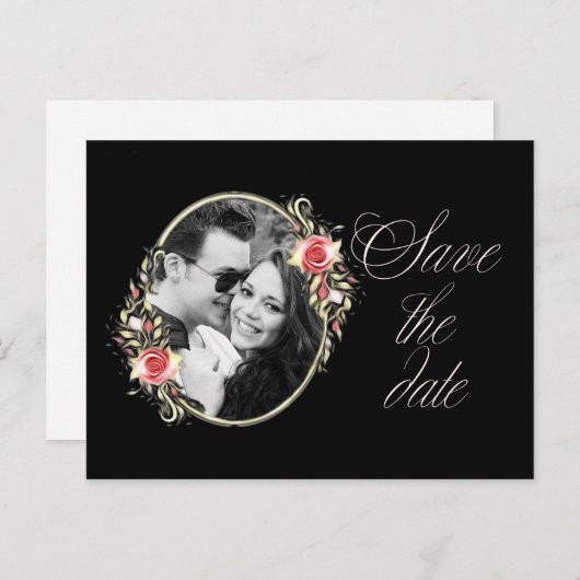 ピンクのバラの写真の結婚式の日付を保存 案内ポストカード (正面/裏面)