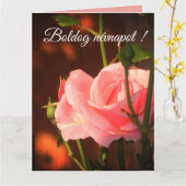 ピンクのバラの写真 – ハンガリーの名前の日 カード (黄色い花)