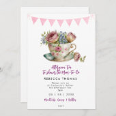 ピンクのバラの午後のお茶ベビーシャワーパーティー 招待状 (正面/裏面)