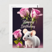 ピンクのバラの可愛いマウスの誕生日おめでとう ポストカード (正面/裏面)