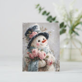 ピンクのバラの可愛い雪だるま ポストカード (スタンド正面)