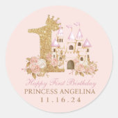  ピンクのバラの城のお姫様1歳の誕生日  ラウンドシール (正面)