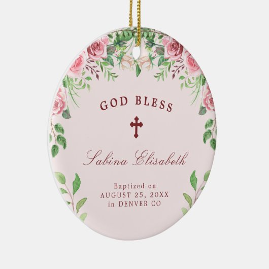 ピンクのバラの女の子の洗礼写真パーソナライズされた セラミックオーナメント (右)