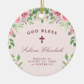 ピンクのバラの女の子の洗礼写真パーソナライズされた セラミックオーナメント (正面)