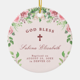 ピンクのバラの女の子の洗礼写真パーソナライズされた セラミックオーナメント