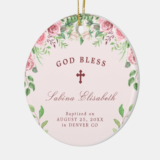 ピンクのバラの女の子の洗礼写真パーソナライズされた セラミックオーナメント (左)