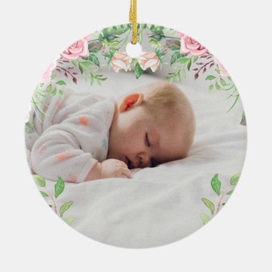 ピンクのバラの女の子の洗礼写真パーソナライズされた セラミックオーナメント (裏面)