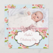 ピンクのバラの女の赤ちゃんの写真の《キリスト教》洗礼式や命名式 招待状 (正面/裏面)