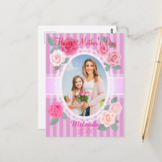 ピンクのバラの幸せな母の日 ポストカード (正面/裏面インサイチュ)