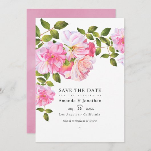 ピンクのバラの庭での結婚式の写真 セーブザデート (正面/裏面)