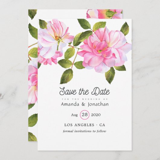 ピンクのバラの庭での結婚式 セーブザデート (正面/裏面)