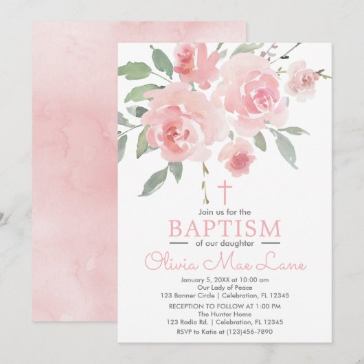 ピンクのバラの庭の女の子の洗礼招待状 招待状 (正面/裏面)