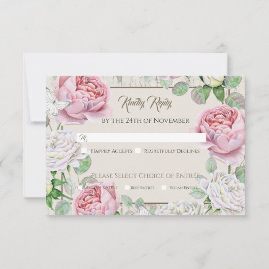 ピンクのバラの庭の結婚式RSVP 出欠カード (正面)