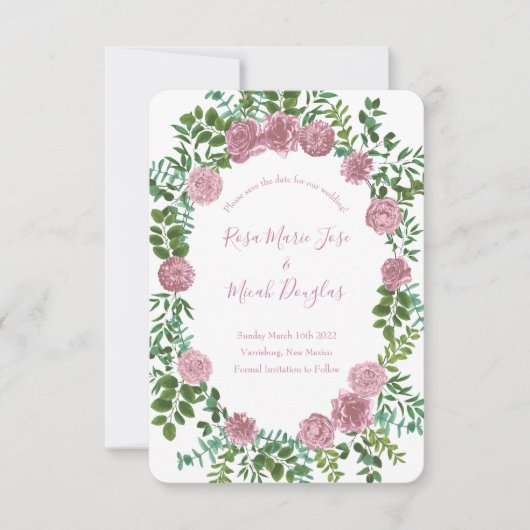 ピンクのバラの庭 春の結婚式 招待状 (正面)
