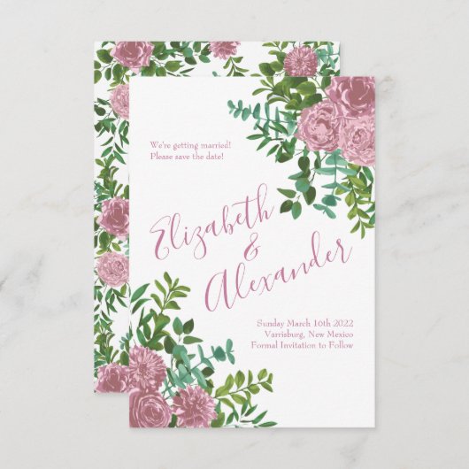 ピンクのバラの庭 春の結婚式 招待状 (正面/裏面)