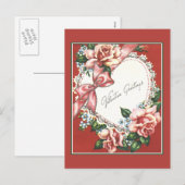 ピンクのバラの弓およびハートのヴィンテージのバレンタイン シーズンポストカード (正面/裏面)