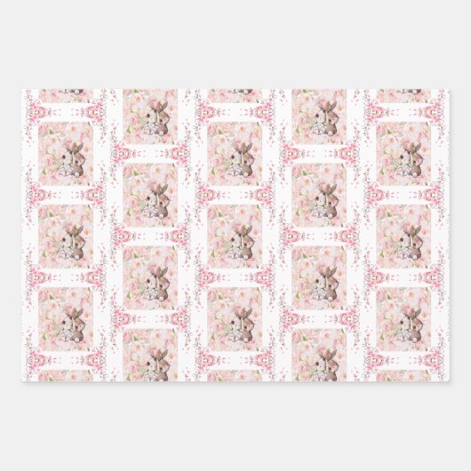 ピンクのバラの愛ウサギ ラッピングペーパーシート (正面2)