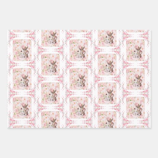 ピンクのバラの愛ウサギ ラッピングペーパーシート (正面)