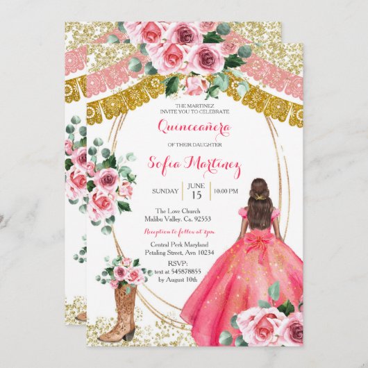 ピンクのバラの招待状 - 白いメキシコの少女の15歳の誕生日 招待状 (正面/裏面)
