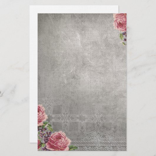 ピンクのバラの文房具との旧式な灰色 便箋 (正面/裏面)