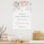 ピンクのバラの最初の聖なる聖餐式ウェルカムサイン ポスター (キッチン)