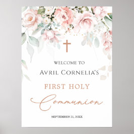 ピンクのバラの最初の聖なる聖餐式ウェルカムサイン ポスター