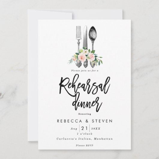 ピンクのバラの植物のリハーサルの夕食の招待 招待状 (正面)