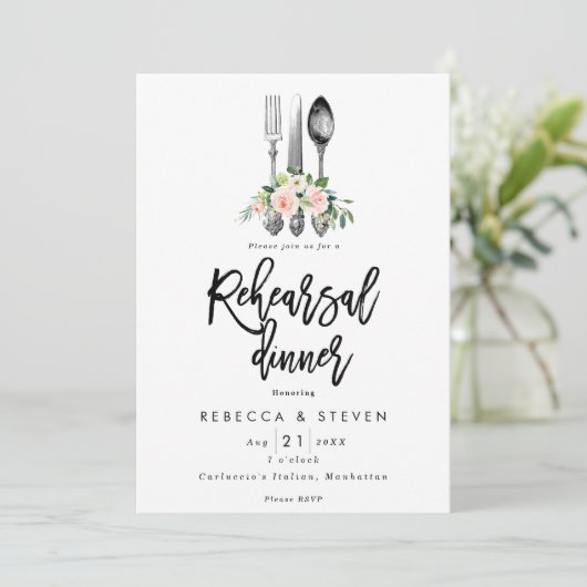 ピンクのバラの植物のリハーサルの夕食の招待 招待状 (スタンド正面)