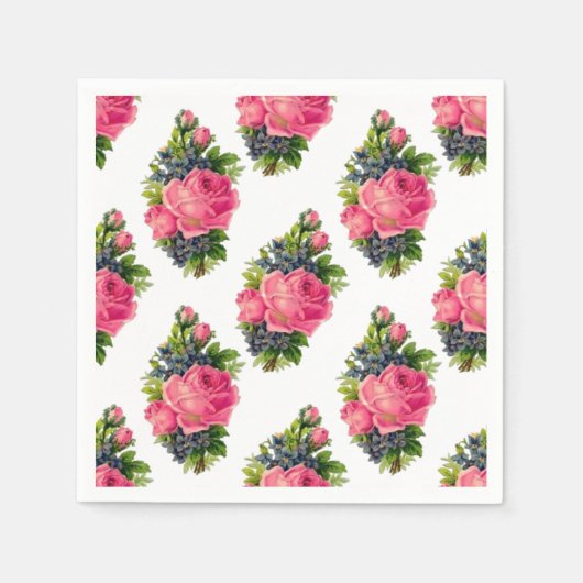 ピンクのバラの模様が可愛いヴィンテージ スタンダードカクテルナプキン (正面)