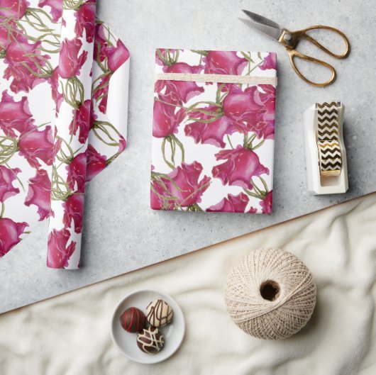 ピンクのバラの水の色のパターンの手絵を描形 ラッピングペーパー (クラフト)