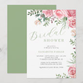 ピンクのバラの水の色のフローラエレガントブライダルシャワー 招待状 (正面/裏面)