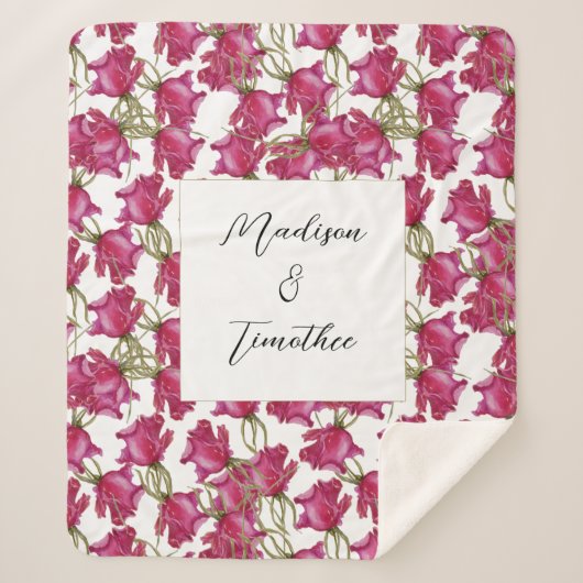 ピンクのバラの水の色モノグラムのの手絵を描型 シェルパブランケット (正面)