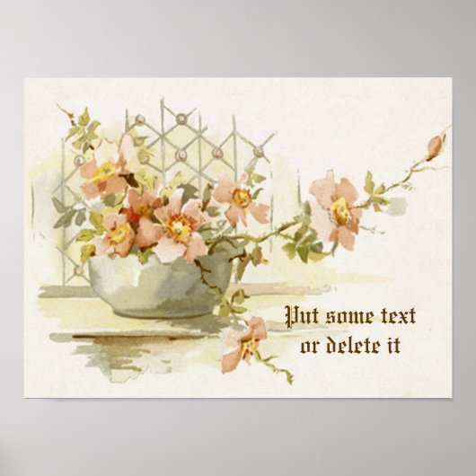 ピンクのバラの水彩を持つヴィンテージ花瓶プリント ポスター (正面)