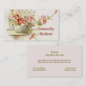 ピンクのバラの水彩を持つヴィンテージ花瓶 名刺 (正面/裏面)