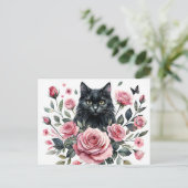 ピンクのバラの水彩ポストカード 黒猫 ポストカード (スタンド正面)