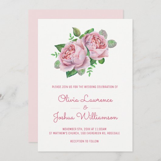 ピンクのバラの水彩画 ウェディング招待状 招待状 (正面/裏面)