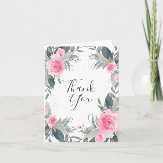 ピンクのバラの水彩花の感謝カード サンキューカード (正面)