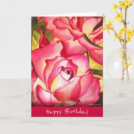 ピンクのバラの水色の誕生日フラワーアート カード (黄色い花)
