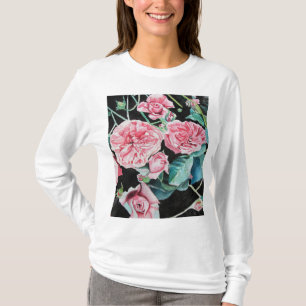 ピンクのバラの水色キャベツビクトリアンバラトップ Tシャツ