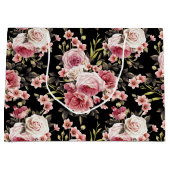 ピンクのバラの汚れ – 黒の背景 ラージペーパーバッグ (正面)
