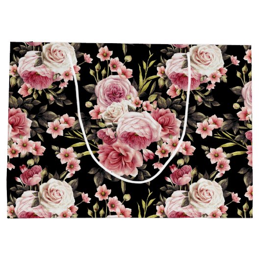 ピンクのバラの汚れ – 黒の背景 ラージペーパーバッグ (裏面)