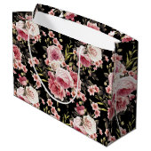 ピンクのバラの汚れ – 黒の背景 ラージペーパーバッグ (裏面アングル)