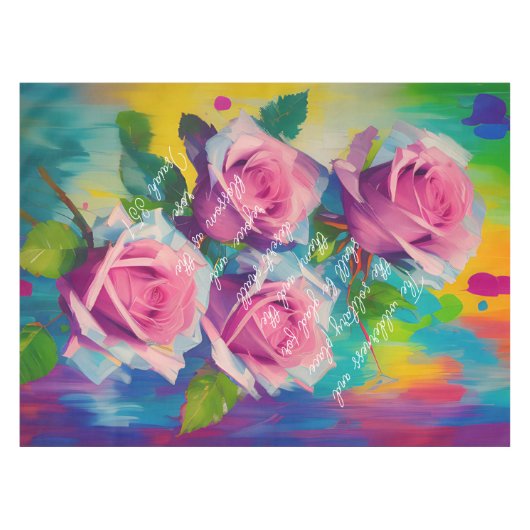 ピンクのバラの油絵の背はっきりしたカラフル景 テーブルクロス (正面(横))