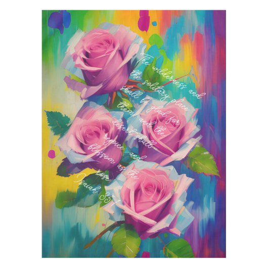 ピンクのバラの油絵の背はっきりしたカラフル景 テーブルクロス (正面)