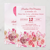 ピンクのバラの渦巻きハート 100歳の誕生日ディナー 招待状 (正面/裏面)