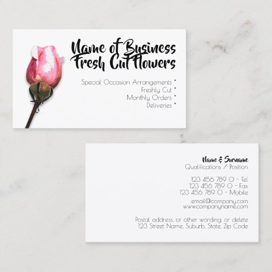ピンクのバラの独身のでシックな花の花柄の花屋 名刺 (正面/裏面)