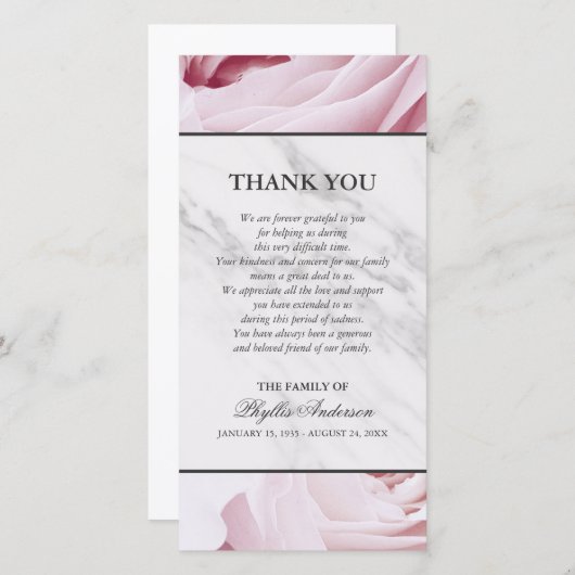 ピンクのバラの白い大理石の告別式は感謝していしています サンキューカード (正面/裏面)