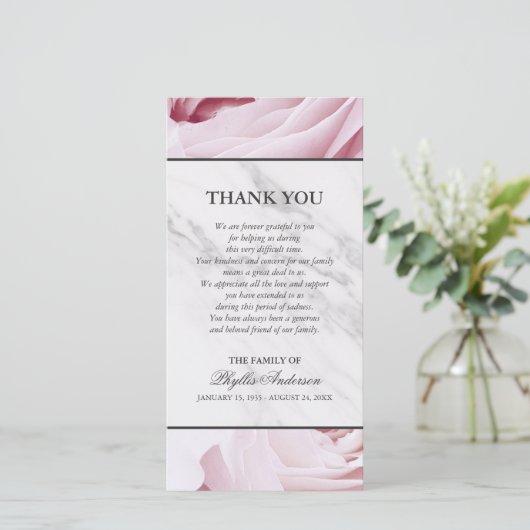 ピンクのバラの白い大理石の告別式は感謝していしています サンキューカード (スタンド正面)