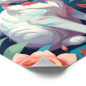 ピンクのバラの白い猫 ポスター (角)